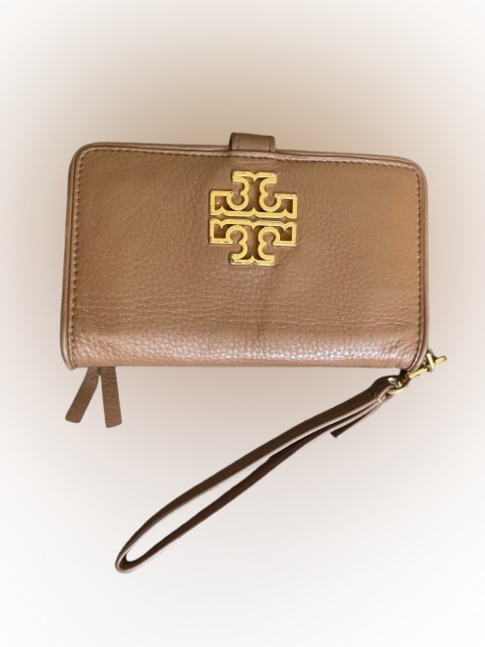 Tory Burch Wallet Wristlet Britten Zip Continental Leather Brown Logo Gold